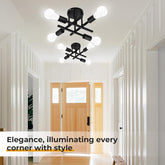 Modern ceiling light fixture in a hallway with text 'Elegance, illuminating every corner with style.'